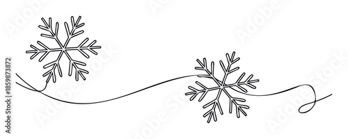 Minimalist continuous line drawing of two simple stylized snowflakes connected by a flowing curved line, perfect for winter holiday greeting decorations or seasonal event promotions