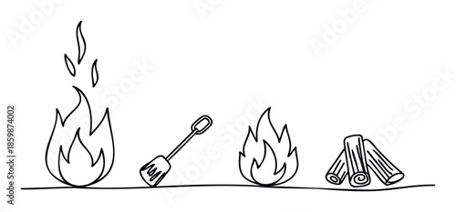 Continuous line drawing illustrating essential grilling and outdoor cooking elements including flames, a spatula, and firewood logs, perfect for culinary and barbecuerelated projects