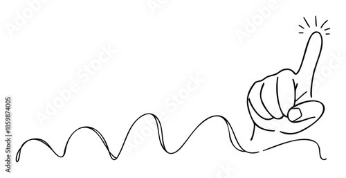 A continuous single line drawing shows a hand pointing with an index finger at the end of a wavy path, perfect for indicating interaction or a journey to a specific action point in