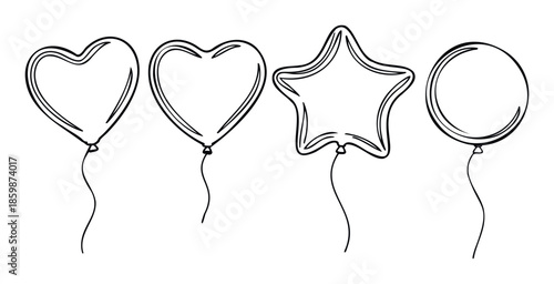 Minimalist line drawing of balloons in heart, star, and circular shapes, ideal for festive greeting cards, party announcements, romantic event promotions, or kidfriendly celebration designs.