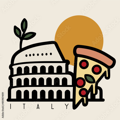 Stylized Illustration of Italian Culture with Colosseum and Pizza