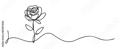 Elegant continuous line drawing of a beautiful rose flower with a graceful stem and leaves, perfect for romantic wedding invitations, modern greeting cards, or sophisticated wall decor