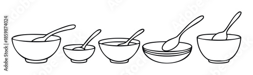 Simple hand drawn style outline of diverse dining and kitchenware featuring different size bowls and serving spoons for menu designs or culinary projects
