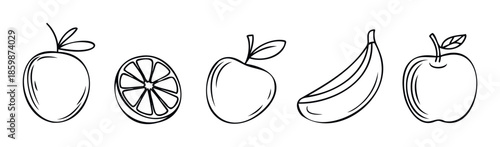 Simple black outline drawings of various fresh fruits including apples, an orange slice, and a banana perfect for illustrating healthy eating or for childrens learning materials and