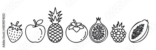 A collection of fresh fruit line drawings including strawberry, apple, pineapple, tomato, pomegranate, raspberry, and papaya, perfect for healthy food branding and educational materials