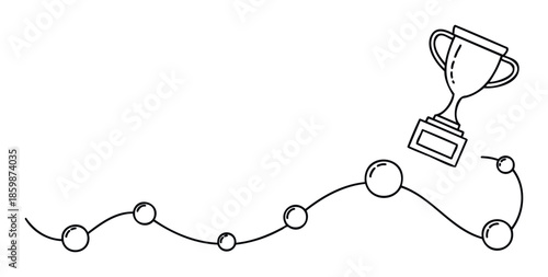 A winding path with connecting nodes representing a journey of progress and challenges leading towards a triumphant trophy symbol of success and achievement ideal for business presentations