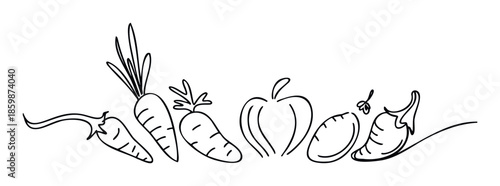 Minimalist continuous line drawing depicting a variety of organic vegetables like carrots, bell peppers, and chili peppers, perfect for healthy eating guides or culinary related promotions.