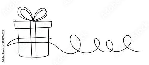 Simple handdrawn gift box with a decorative bow and an extending playful curly line, ideal for elegant holiday greetings, birthday invitations, and charming celebration marketing visuals.