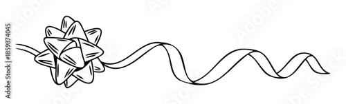 Decorative graphic of a stylized gift bow with a long, flowing ribbon perfect for holiday greetings, party invitations, or celebration themed product packaging and promotions.