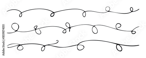 Set of hand sketched wavy lines with looping flourishes for elegant design accents, text separators, and border decorations across invitations and documents