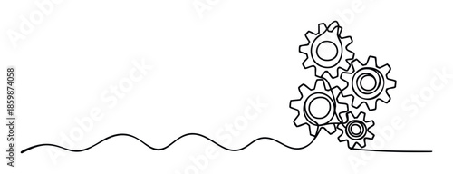 Minimalist continuous line forms a dynamic chain of interacting gears, perfect for illustrating concepts of teamwork, progress, and integrated mechanical solutions in modern designs