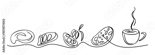 Continuous line drawing of various bakery items and a steaming coffee cup perfect for cafe menus restaurant branding food packaging and culinary blog content
