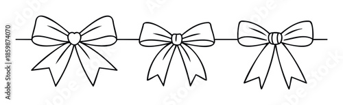 Three elegant outline bows on a horizontal string, perfect for festive decorations, gift wrapping accents, or celebratory graphic elements in digital and print media projects.