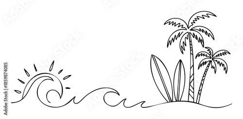 Simple continuous line drawing of a tropical beach with palm trees, surfboards, ocean waves, and sun for summer vacation promotions and surfthemed graphics.