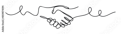 Minimalist continuous single line drawing of two hands shaking, symbolizing partnership, agreement, and connection, ideal for business and collaboration concepts.
