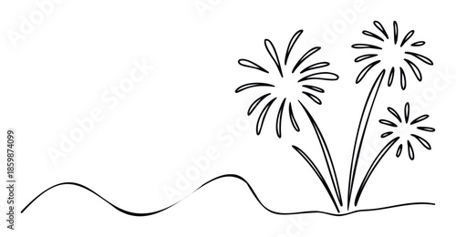 Minimalist one line stroke drawing featuring abstract firework explosions on a landscape, ideal for cheerful holiday greetings and party decorations
