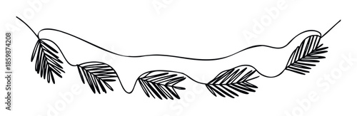 Hand drawn black line art tropical palm fronds dangling on a curved vine creating a natural decorative garland perfect for island themed apparel, textile prints, and organic product