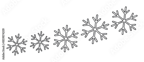 A collection of stylized snowflake outlines gradually increasing in size, creating a festive winter season graphic suitable for holiday promotions, seasonal branding, and festive