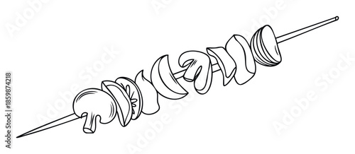 A delicious vegetarian skewer featuring sliced mushrooms, bell peppers, and other fresh vegetables, perfect for cooking guides, healthy meal preparation, or BBQ recipe illustrations.