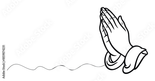 A stylized continuous line drawing of clasped hands in prayer, symbolizing faith and hope, suitable for projects related to spirituality, religion, mindfulness, and personal reflection.