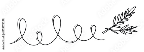 Simple hand drawn black outline illustration featuring a graceful wavy line culminating in two stylized olive branches for minimalist branding and decorative graphic applications.