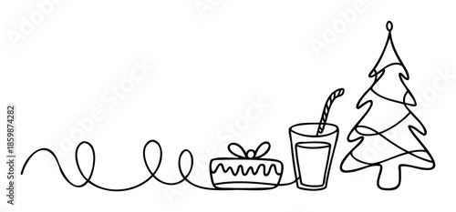 Elegant continuous line drawing featuring holiday symbols including a present, a beverage glass with a straw, and a Christmas tree, ideal for greeting cards, festive marketing materials,
