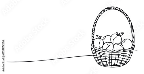 A simple linear black and white drawing of a woven basket filled with fresh farmgrown fruits, perfect for adding a touch of rustic charm to harvest festival decorations or healthy eating
