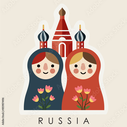 Vibrant Illustration of Russian Dolls and Traditional Architecture