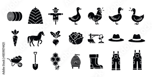 Assortment of black glyph icons representing farming and agriculture elements such as domestic animals, fresh produce, essential tools, and farmer attire for educational or branding uses