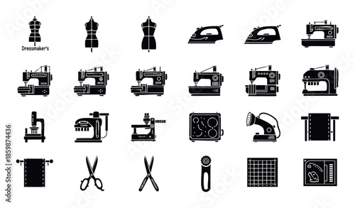 Comprehensive collection of sewing and tailoring tools, equipment, and dressmaking supplies presented as modern black glyph icons, ideal for crafting projects and textile industry