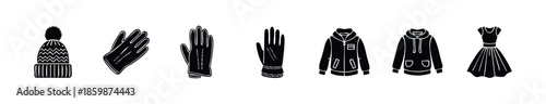 Modern minimalist black clothing and accessory icons featuring a winter beanie, various glove styles, comfortable hooded sweatshirts, and a classic dress for diverse graphic projects