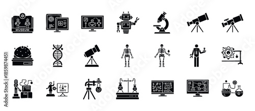 Collection of science and technology icons representing various fields of research, education, and discovery, ideal for educational materials, scientific presentations, and digital