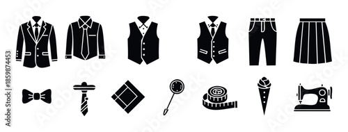 A professional assortment of clothing items and tailor tools presented as silhouette icons, ideal for fashion store websites and textile manufacturing businesses.