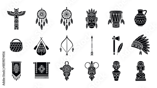 Discover a comprehensive set of indigenous cultural symbols featuring totem poles, dreamcatchers, masks, drums, traditional tools, and textiles ideal for educational resources and cultural