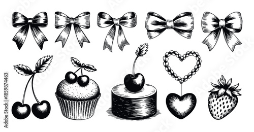 Elegant collection of handdrawn bows, sweet cherries, delicious cupcake, and fresh strawberry, perfect for romantic celebrations, gift wrapping, bakery branding, or festive holiday