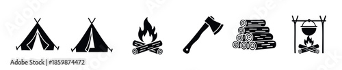 Camping and wilderness adventure black silhouette icons featuring tents, campfire, axe, and logs, suitable for various digital and print media related to outdoor recreation.