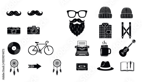 Comprehensive collection of various hipster and vintage cultural icons including mustaches, glasses, knit hats, cameras, bicycles, and typewriters, suitable for modern graphic projects and