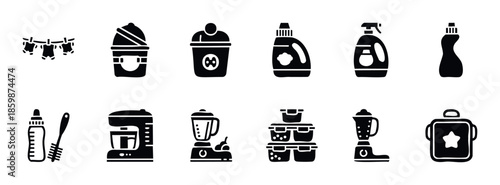 Silhouettes of essential baby items including clothes, feeding bottles, food makers, blenders, and cleaning supplies, ideal for parenting guides, nursery decor, and product packaging designs