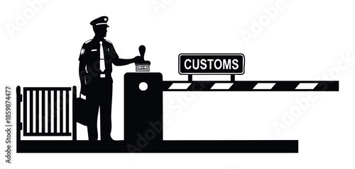 Customs officer standing at a customs barrier with a stamp, symbolizing border control and security for international travel and trade operations