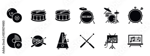 Essential collection of music and drum themed solid icons featuring various percussion instruments, sound media, and rhythmic tools for educational applications and creative graphic