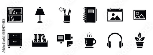 A comprehensive set of modern office and home office essentials including desk items, furniture, and accessories, suitable for illustrating productivity, organization, and a dynamic work or