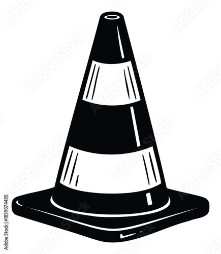 Black and white graphic of a classic traffic cone symbolizing caution and road safety, ideal for construction project signage, warning illustrations, and transportation safety materials.
