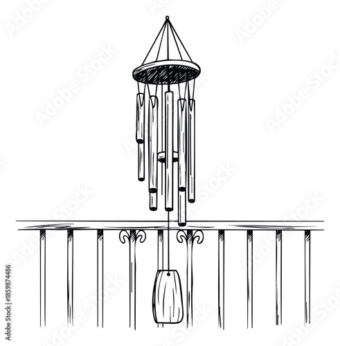 A decorative wind chime featuring multiple tubes and a clapper hangs above a classic baluster railing, ideal for home decor, garden design, or serene sound themes.