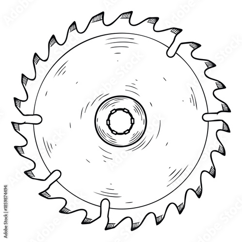 Hand drawn black and white sketch of a circular saw blade with sharp teeth, ideal for illustrating industrial tools, construction work, and workshop related concepts.