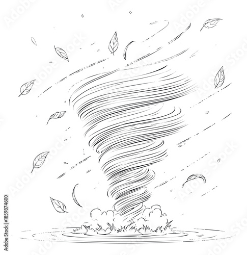 Dynamic black and white line drawing depicting a powerful whirlwind sucking up leaves and debris from the ground, perfect for weatherrelated graphics, environmental warnings, or childrens