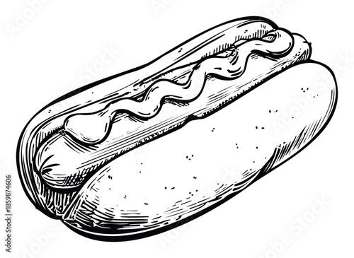 Vintage hand drawn style hot dog sandwich with sauce in a bun, ideal for fast food promotions, diner graphics, or retro themed eating establishments.