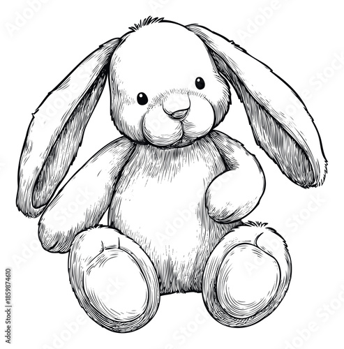 A charming hand drawn style plush bunny toy sitting peacefully, ideal for childrens books, nursery decorations, and comforting merchandise.