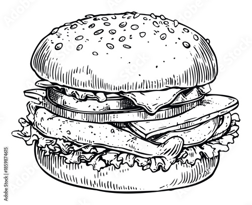 Classic hand drawn hamburger sketch with detailed bun, fresh ingredients, and a delicious patty, perfect for restaurant menus, fast food advertising, and culinary themed promotions.