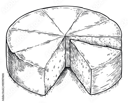 Classic black and white drawing of a round cheese wheel with a slice removed, perfect for food blogs, restaurant menus, cooking guides, or dairy product advertisements showing delicious