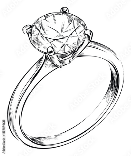 Elegant diamond solitaire ring sketch capturing the essence of luxury and commitment, ideal for jewelry promotions or romantic themed publications